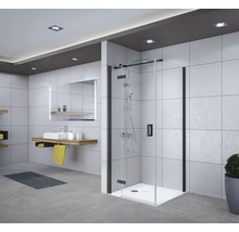 Salle de bains moderne avec cabine de douche, lavabo et miroir
