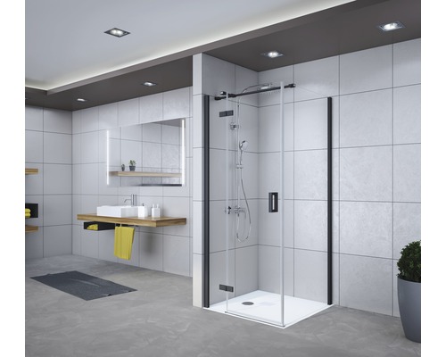 Salle de bain moderne avec cabine de douche, lavabo et miroir