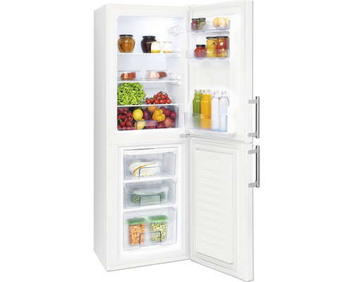 Geöffneter weißer Kühlschrank mit Lebensmitteln