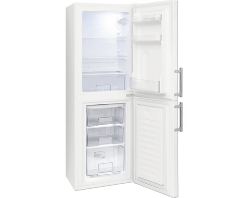 Geöffneter Kühlschrank mit Gefrierfach und diversen Ablagefächern