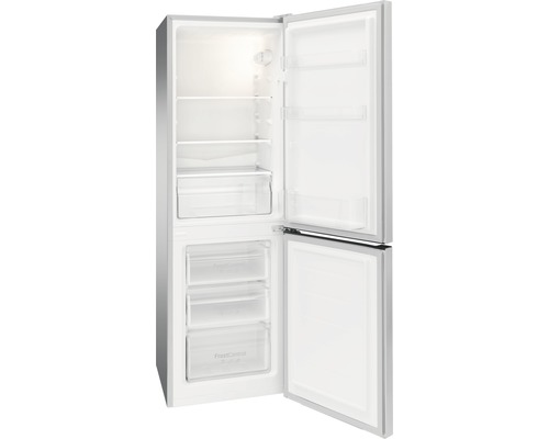 Réfrigérateur-congélateur ouvert avec étagères et tiroirs