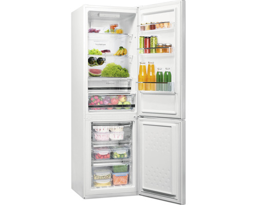 Geöffneter weißer Kühlschrank mit Lebensmitteln