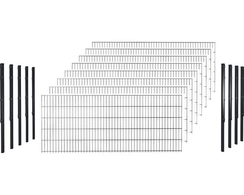 Doppelstabmattenset Typ 8/6/8 inkl Pfosten mit Flachhalter 163 cm x 20 m, anthrazit Doppelstabmattenset Typ 8/6/8 inkl Pfosten mit Flachhalter 163 cm x 20 m, anthrazit