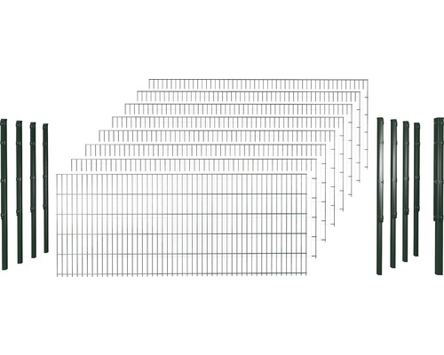 Set de panneaux rigides double fil 8/6/8 avec poteaux, 1 poteau d'angle avec supports plats 63 cm x 20 m, vert