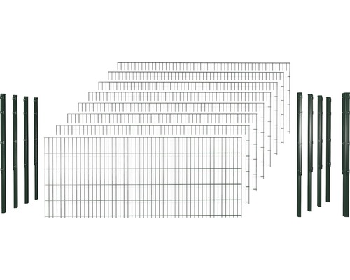 Doppelstabmattenset 6/5/6 inkl Pfosten mit 1 Eckpfosten mit Flachhalter 103 cm x 20 m, grün