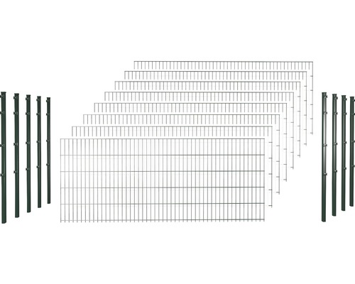 Set de panneaux rigides double fil 8/6/8 avec poteaux avec supports de serrage 63 cm x 20 m, vert Set de panneaux rigides double fil 8/6/8 avec poteaux avec supports de serrage 63 cm x 20 m, vert