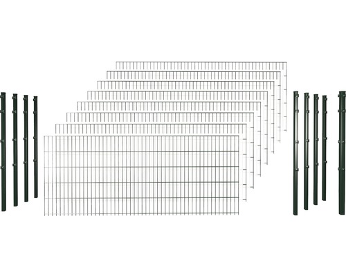 Set de panneaux rigides double fil 6/5/6 avec poteau avec 1 poteau d'angle avec support de serrage 63 cm x 20 m, vert