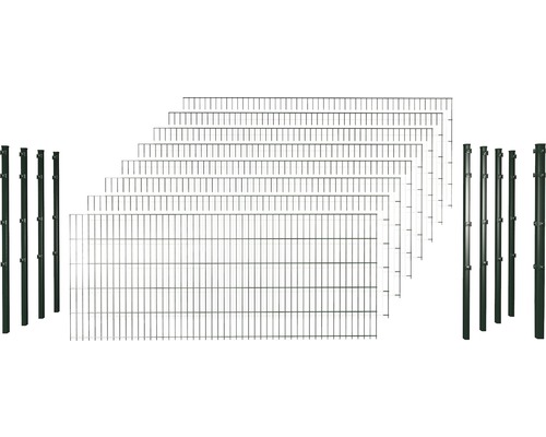 Doppelstabmattenset 6/5/6 inkl Pfosten mit 1 Eckpfosten mit Klemmhalter 63 cm x 20 m, grün