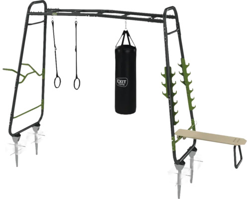 Outdoor-Fitnessgerät mit Klimmzugstange, Boxsack, Turnringen und Hantelbank