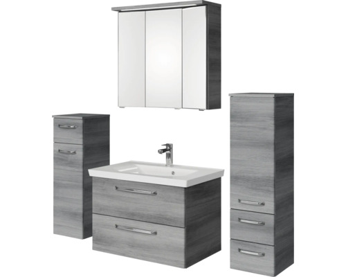 Badmöbel-Set Pelipal Kumba BxHxT 140 x 200 x 51 cm Frontfarbe graphit struktur quer 5-teilig und mehr mit Mineralguss-Waschtisch, Midischrank und Unterschrank 99.770221192 Badezimmermöbel Set mit Spiegelschrank, Waschbeckenunterschrank und Hochschränken