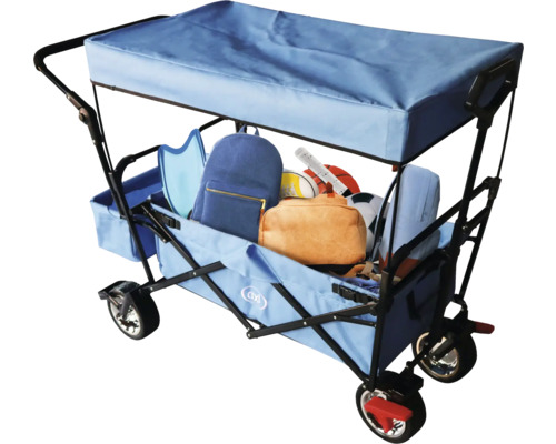 Chariot à bras avec toit et divers objets