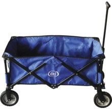 Blauer Bollerwagen mit schwarzen Rädern und schwarzem Gestell