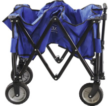 Zusammengeklappter Bollerwagen mit Rädern und blauem Stoff