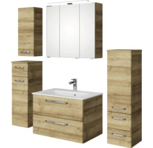 Badezimmermöbelset mit Waschtischunterschrank, Waschbecken, Spiegelschrank und Hochschränken