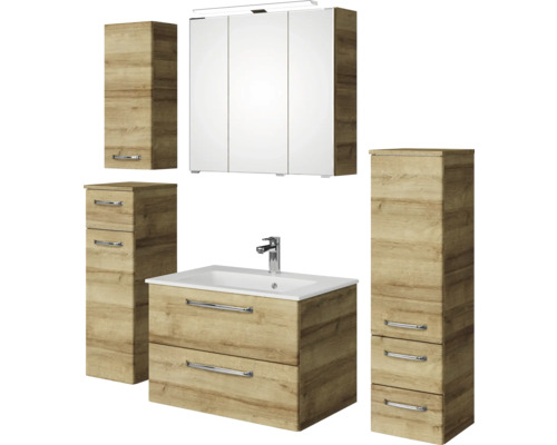 Badmöbel-Set Pelipal Kumba BxHxT 137 x 200 x 50 cm Frontfarbe eiche riviera 5-teilig mit Mineralguss-Waschtisch weiß, Midischrank, Unterschrank und Wandschrank 99.770126473 Badezimmermöbelset mit Waschtischunterschrank, Waschbecken, Spiegelschrank und Hochschränken