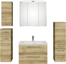Badezimmer-Set mit Waschtischunterschrank, Spiegelschrank und Hochschränken im Holzdekor