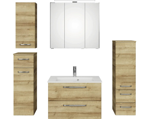 Badezimmer-Set mit Waschtischunterschrank, Spiegelschrank und Hochschränken im Holzdekor