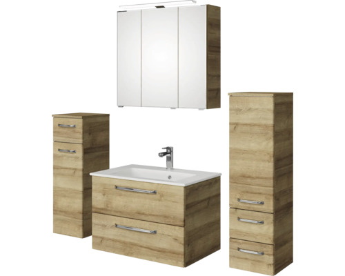 Set de meubles de salle de bains Pelipal Kumba lxhxp 137 x 200 x 50 cm couleur de façade chêne riviera en 5 parties et plus avec vasque en fonte minérale blanc, armoire midi et meuble bas 99.770126472