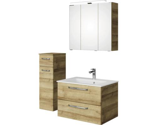 Badmöbel-Set Pelipal Kumba BxHxT 107 x 200 x 50 cm Frontfarbe eiche riviera 4-teilig mit Mineralguss-Waschtisch weiß und Unterschrank 99.770126471 Badmöbelset mit Spiegelschrank, Waschtischunterschrank und Hochschrank