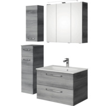 Badezimmermöbelset mit Waschtischunterschrank, Waschbecken, Spiegelschrank und Hochschrank