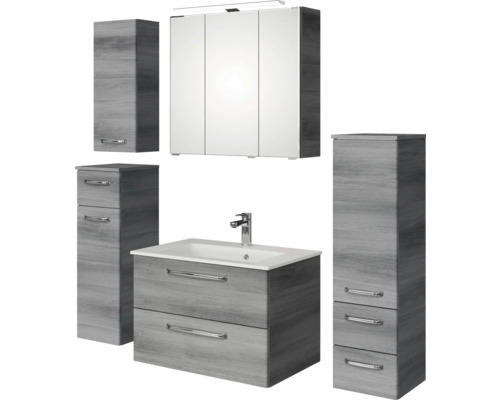 Badmöbel-Set Pelipal Kumba BxHxT 137 x 200 x 50 cm Frontfarbe graphit struktur quer 5-teilig und mehr mit Mineralguss-Waschtisch, Midischrank, Unterschrank und Wandschrank 99.770126193 Badezimmermöbelset mit Waschtisch, Spiegelschrank, Waschbecken und Hochschränken