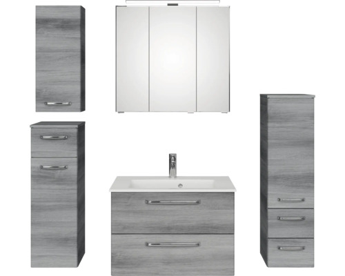 Badezimmergarnitur mit Spiegelschrank, Waschbeckenunterschrank und Hochschränken im modernen Design