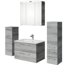 Badezimmerset mit Waschtischunterschrank, Waschbecken, Spiegelschrank und Hochschränken in Holzoptik