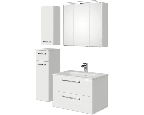 Set de meubles de salle de bains Pelipal Kumba lxhxp 107 x 200 x 50 cm couleur de façade blanc brillant en 5 parties et plus avec vasque en fonte minérale blanc, meuble bas et armoire murale 99.770126094