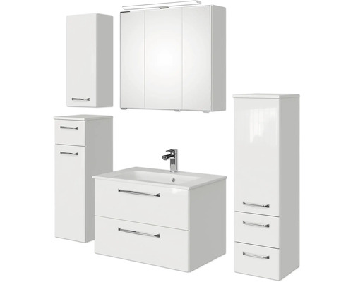 Set de meubles de salle de bains Pelipal Kumba lxhxp 137 x 200 x 50 cm couleur de façade blanc brillant en 5 parties et plus avec vasque en fonte minérale blanc, armoire midi, meuble bas et armoire murale 99.770126093