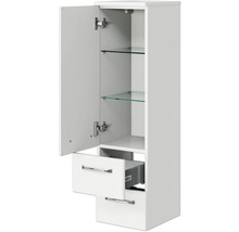 Offener, weisser Badezimmer-Hochschrank mit Glasböden und Schubladen.