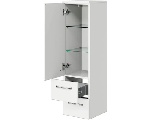 Offener, weisser Badezimmer-Hochschrank mit Glasböden und Schubladen.