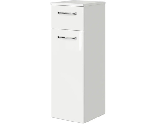 Weißer Bad-Hochschrank mit zwei Schubladen und Metallgriffen