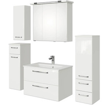 Weißes Badezimmermöbelset mit Waschtisch, Spiegelschrank und Hochschränken