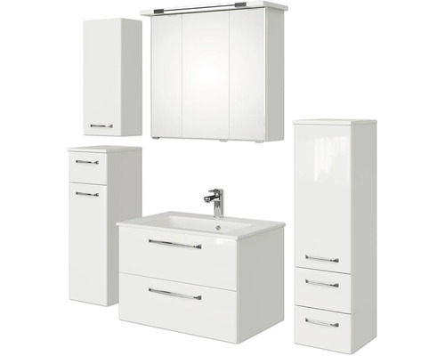 Badmöbel-Set Pelipal Kumba BxHxT 137 x 200 x 50 cm Frontfarbe weiß glanz 5-teilig und mehr mit Mineralguss-Waschtisch weiß, Midischrank, Unterschrank und Wandschrank 99.770125093 Weißes Badezimmermöbelset mit Waschtisch, Spiegelschrank und Hochschränken