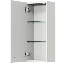 Offener weisser Spiegelschrank mit Glasböden