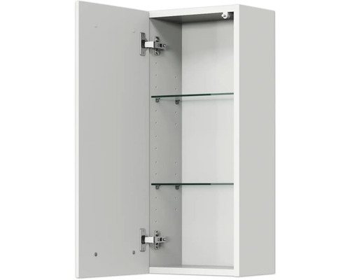Offener weisser Spiegelschrank mit Glasböden