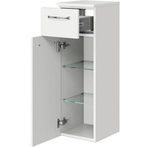 Weißer Hängeschrank mit Schublade und Glasböden für Badezimmer.