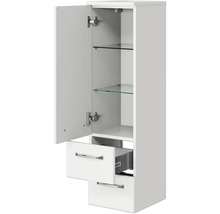 Weißer Hängehochschrank mit Tür, Glasböden und zwei Schubladen