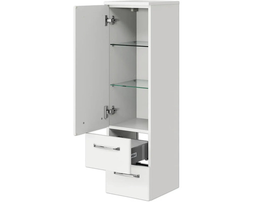 Weißer Hängehochschrank mit Tür, Glasböden und zwei Schubladen