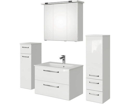 Set de meubles de salle de bains Pelipal Kumba lxhxp 137 x 200 x 50 cm couleur de façade blanc brillant en 5 parties et plus avec vasque en fonte minérale blanc, armoire midi et meuble bas 99.770125092 Ensemble de meubles de salle de bains avec armoire de toilette, meuble vasque et deux armoires hautes