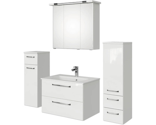 Set de meubles de salle de bains Pelipal Kumba lxhxp 137 x 200 x 50 cm couleur de façade blanc brillant en 5 parties et plus avec vasque en fonte minérale blanc, armoire midi et meuble bas 99.770125092