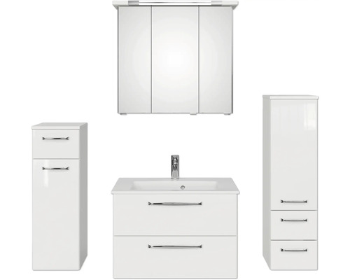 Badezimmergarnitur mit Waschbeckenunterschrank, Spiegelschrank und Hochschränken