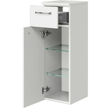 Weißer Bad-Hängeschrank mit Schublade und Tür mit Glasböden