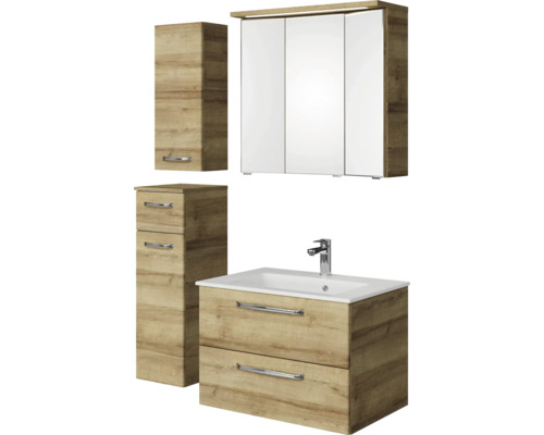 Badmöbel-Set Pelipal Kumba BxHxT 107 x 200 x 50 cm Frontfarbe eiche riviera 5-teilig und mehr mit Mineralguss-Waschtisch weiß, Unterschrank und Wandschrank 99.770121474 Badezimmermöbelset mit Waschtisch, Spiegelschrank und Hochschrank