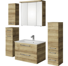 Badezimmermöbel Set mit Waschtischunterschrank, Waschbecken, Spiegelschrank und Hochschränken