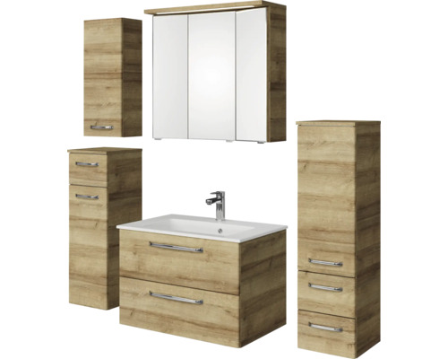 Set de meubles de salle de bains Pelipal Kumba lxhxp 137 x 200 x 50 cm couleur de façade chêne riviera en 5 parties avec vasque en fonte minérale blanc, armoire midi, meuble bas et armoire murale 99.770121473 Ensemble de meubles de salle de bains avec meuble sous-lavabo, lavabo, armoire de toilette et armoires hautes