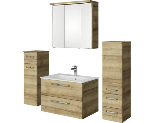 Badmöbel-Set Pelipal Kumba BxHxT 137 x 200 x 50 cm Frontfarbe eiche riviera 5-teilig und mehr mit Mineralguss-Waschtisch weiß, Midischrank und Unterschrank 99.770121472 Badezimmermöbel-Set mit Waschbecken, Spiegelschrank und Unterschrank