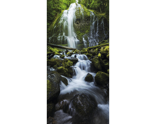Wasserfall im Wald mit moosbedeckten Steinen