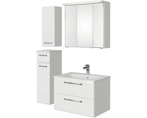 Set de meubles de salle de bains Pelipal Kumba lxhxp 107 x 200 x 50 cm couleur de façade blanc brillant en 5 parties et plus avec vasque en fonte minérale blanc, meuble bas et armoire murale 99.770121094