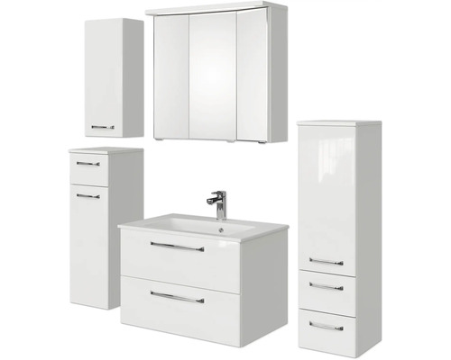 Set de meubles de salle de bains Pelipal Kumba lxhxp 137 x 200 x 50 cm couleur de façade blanc brillant en 5 parties et plus avec vasque en fonte minérale blanc, armoire midi, meuble bas et armoire murale 99.770121093 Ensemble de meubles de salle de bains avec meuble-lavabo, lavabo, armoire de toilette et armoires hautes